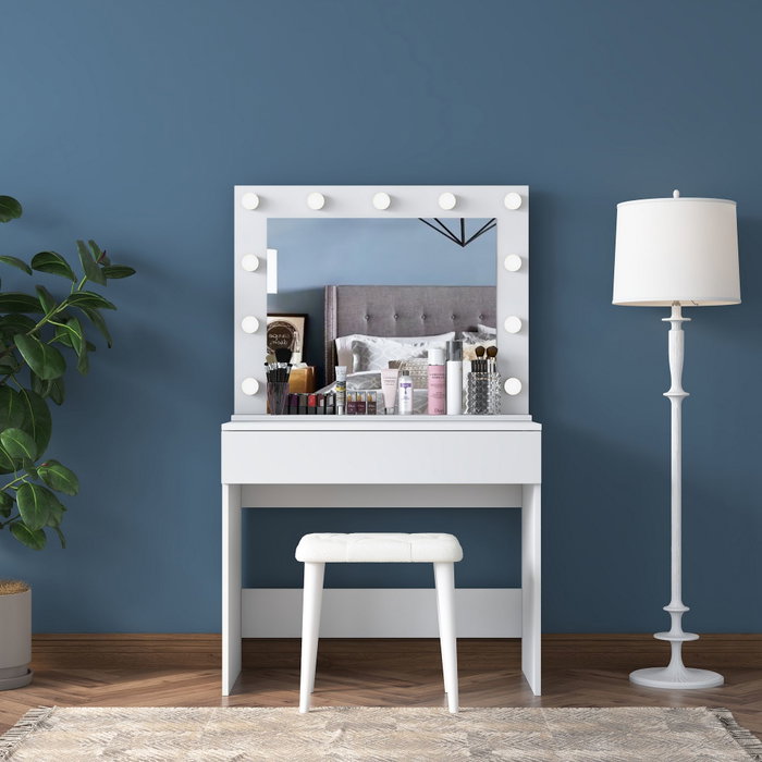 Hanah Home Mesa de Maquillaje con Espejo de 11 Focos y Puff Blanco